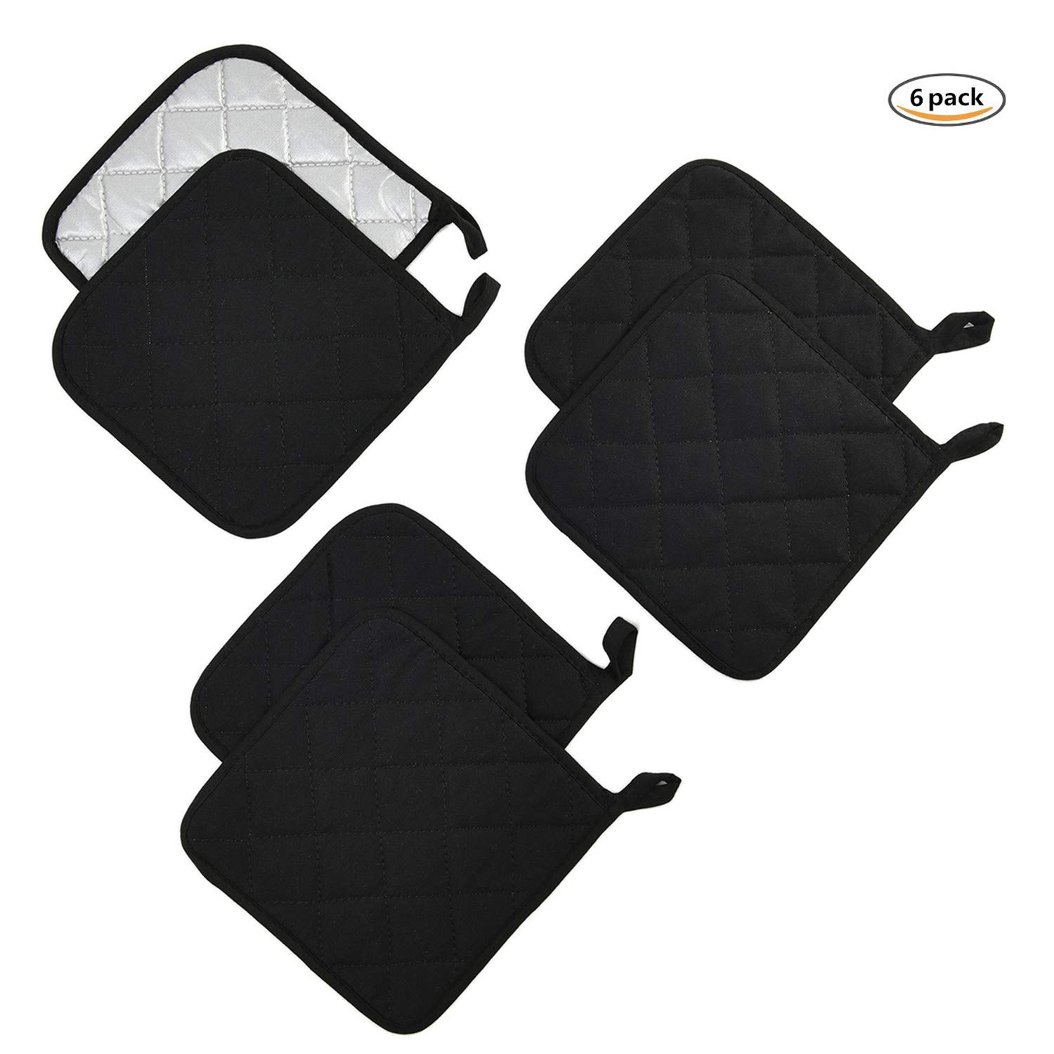 Jennice House Trivets Potholders Set Kitchen Heat Resistant Pure Cotton Large Coasters Hot Pads Pot Holders Set of 6 for Everyday Cooking and Baking by 7 x 7 Inch (Black)