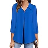 AxByCzD Womens 3/4 Sleeve Chiffon Blouses Collared V Neck Trendy Dressy Casual Tops