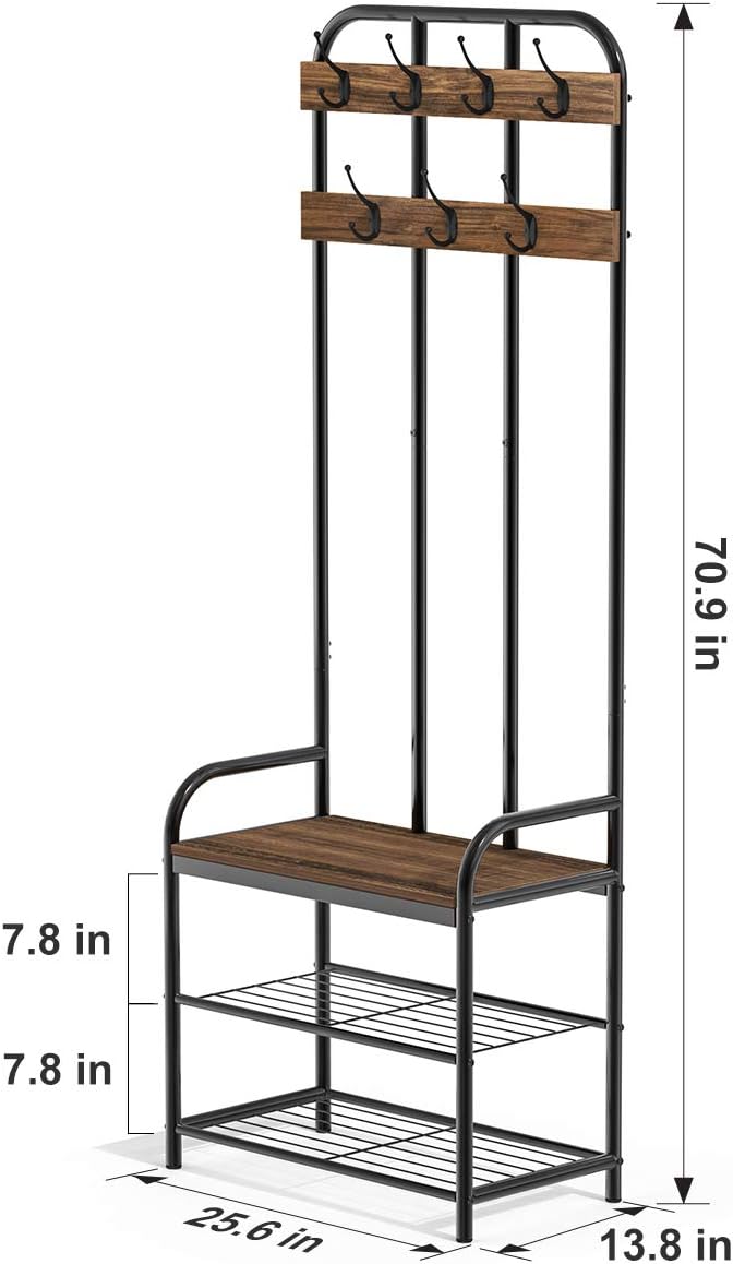 3-in-1 Entryway Coat Rack, LANGRIA Vintage Metal and Wood Hall Tree with Storage Bench Shoe Rack Entryway Storage Shelf Organizer for Home Bedroom Office Clothes Hats: Home Improvement