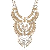 YAZILIND Clavicle Chunky Bib Necklace Layered Tassels Rhinestone Exaggerated Vintage Ethnic Long Engraved Bohemian Statement