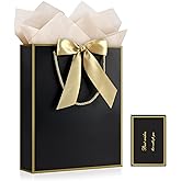 JMANNI Gift Bag, 1PCS Gift Bags Large with Ribbon and 1 Greeting Cards 2 Tissue Paper, Portable Paper Gift Bag with Handles, Birthday Gift Bags,Present Bags for Wedding Party Mothers Day(Black-Gold)