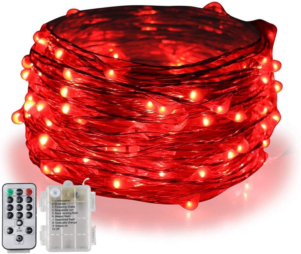 Red 16.4Ft 50 LED Battery Operated String Lights, Dimmable Fairy Lights for Indoor Outdoor Home Diwali Halloween Christmas Tree Wreath Decoration