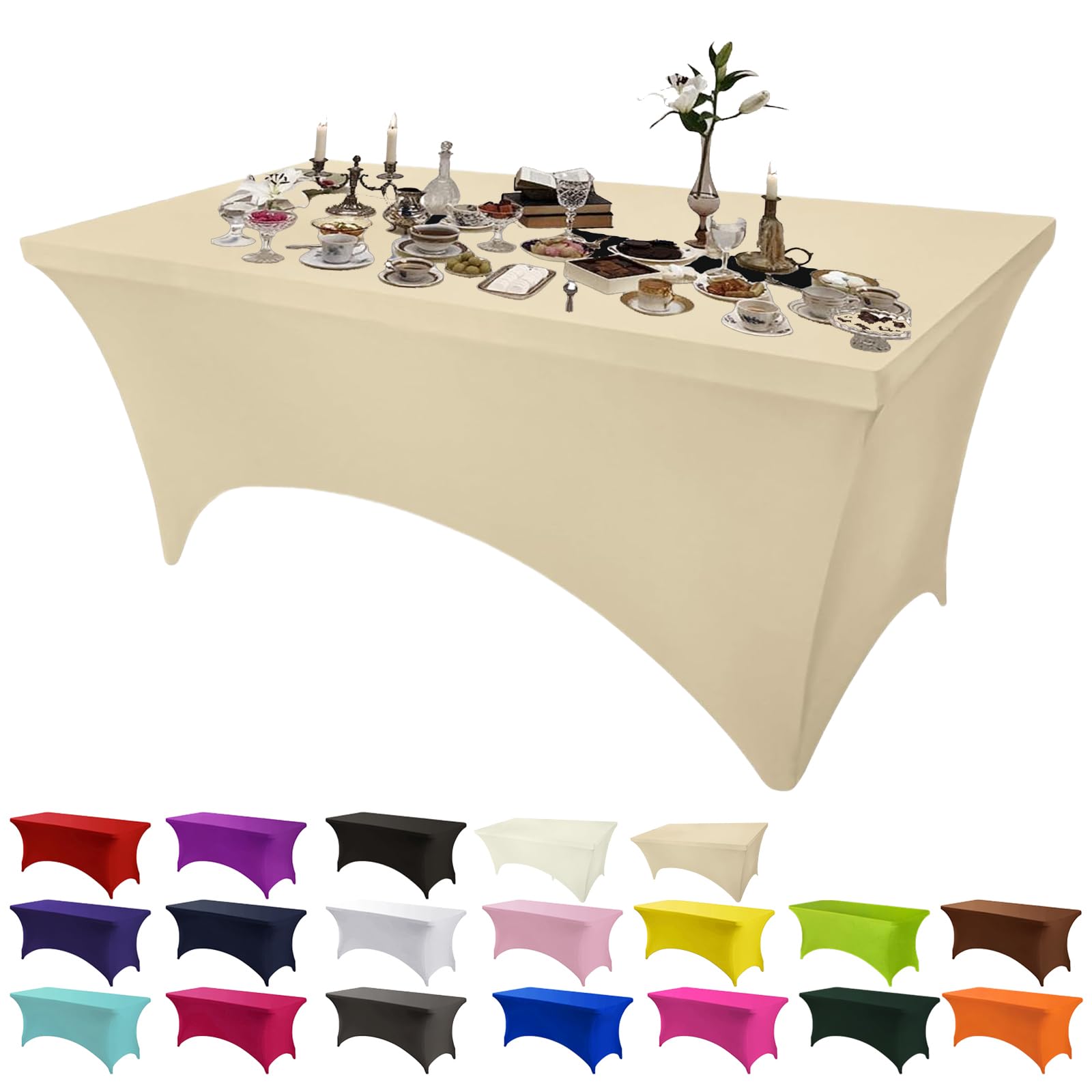 Champagne Stretchable Spandex Tablecloth 6ft for Wedding, Banquet, Holiday Party - Elastic Washable Universal Cover