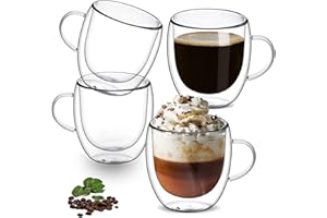 8 oz Double Walled Glass Coffee Mugs, 250ml Clear Coffee Cups and Mugs Set of 4, Cappuccino Latte Macchiato Glasses Cups with