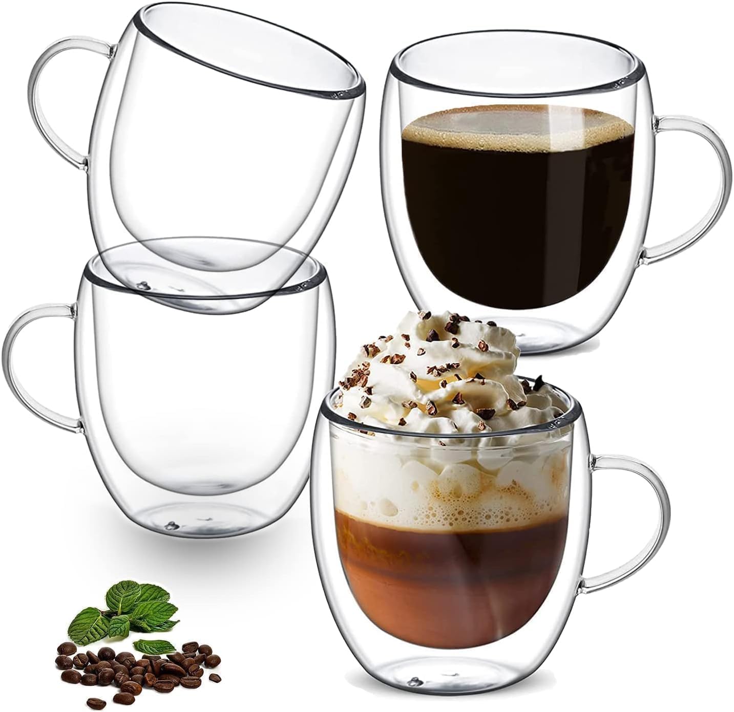 View 1 of 3pcs only.   Jatnsefo 8 oz/250ml Double Walled Glass Coffee Mugs, Clear Coffee Cups and Mugs Cappuccino Latte Macchiato Glasses Cups with Handle, Espresso Mug Cups for Latte, Hot/Cold Drink