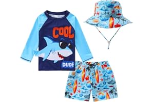 FRAPRASTY Toddlers and Baby Boys' 3-Piece Swimsuit Trunk and Rashguard Sun Hat Set