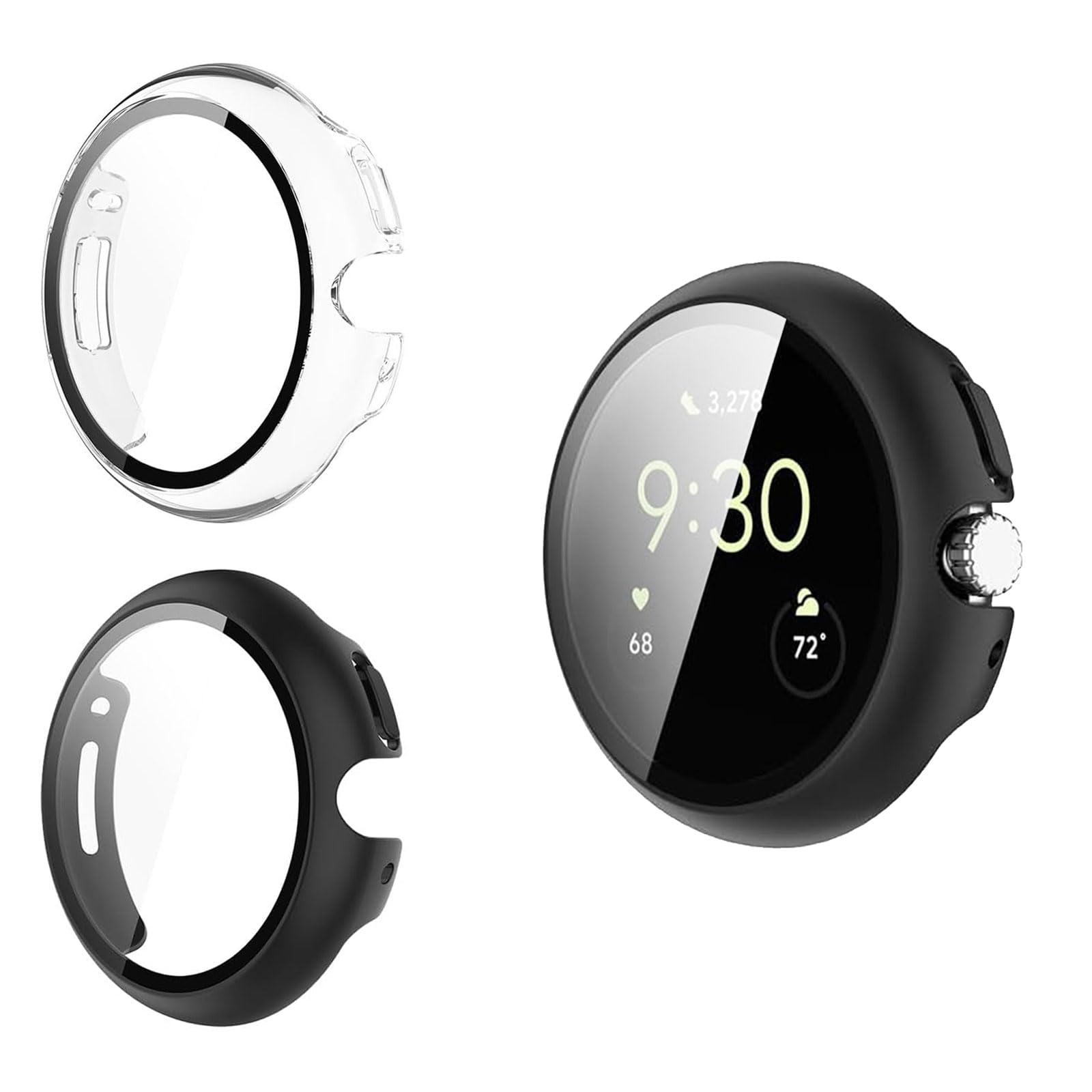 Yenwen Case for Google Pixel Watch 3 (41 mm) Case, Pack of 2, Anti-Scratch, Anti Dust PC Protective Case with Screen Protector, Ultra Slim HD Clear Cover - Transparent & Black