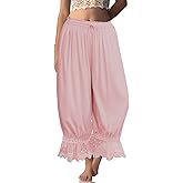 TARSE Women Linen Lace Trim Long Bloomers Pants Ruffle Victorian Vintage Pantaloons Summer Beach Travel Vacation Pants