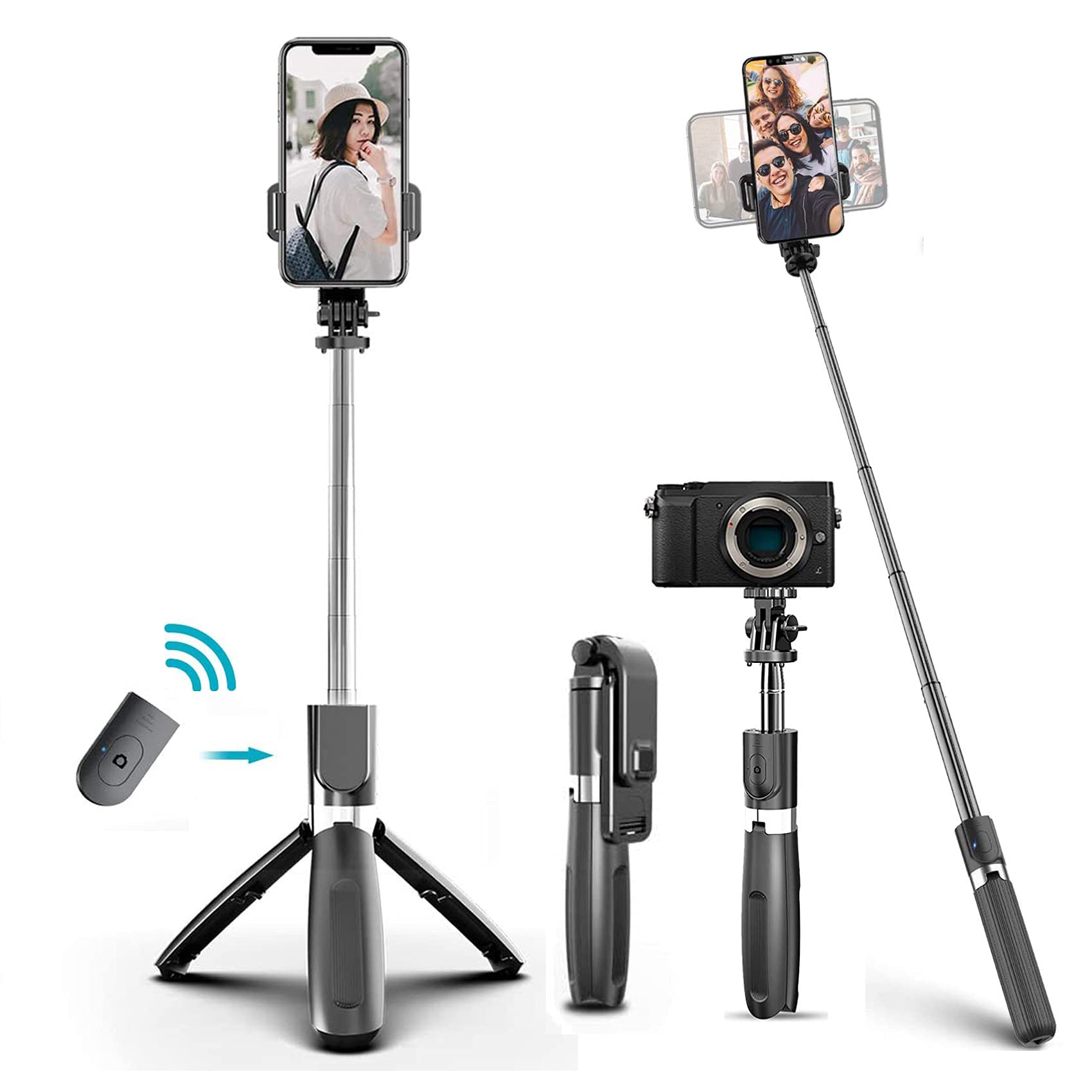 EasyULT Selfie Stick Tripod, 3 in 1 Bluetooth Selfie Stick Extendable Portable, with Detachable Wireless Remote, Selfie Stick Compatible with iPhone, Sumsung S9/S8/S7, Huawei and More(Black)