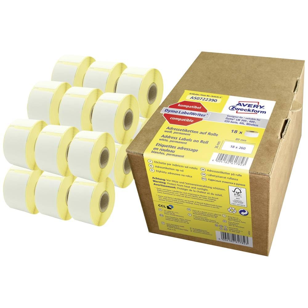 Avery Zweckform AS0722390 Address Labels Self-Adhesive (4.680 Address Stickers 36 x 89 mm Compatible with Dymo LabelWriter Equivalent to S0722390/99012 18 Rolls) White