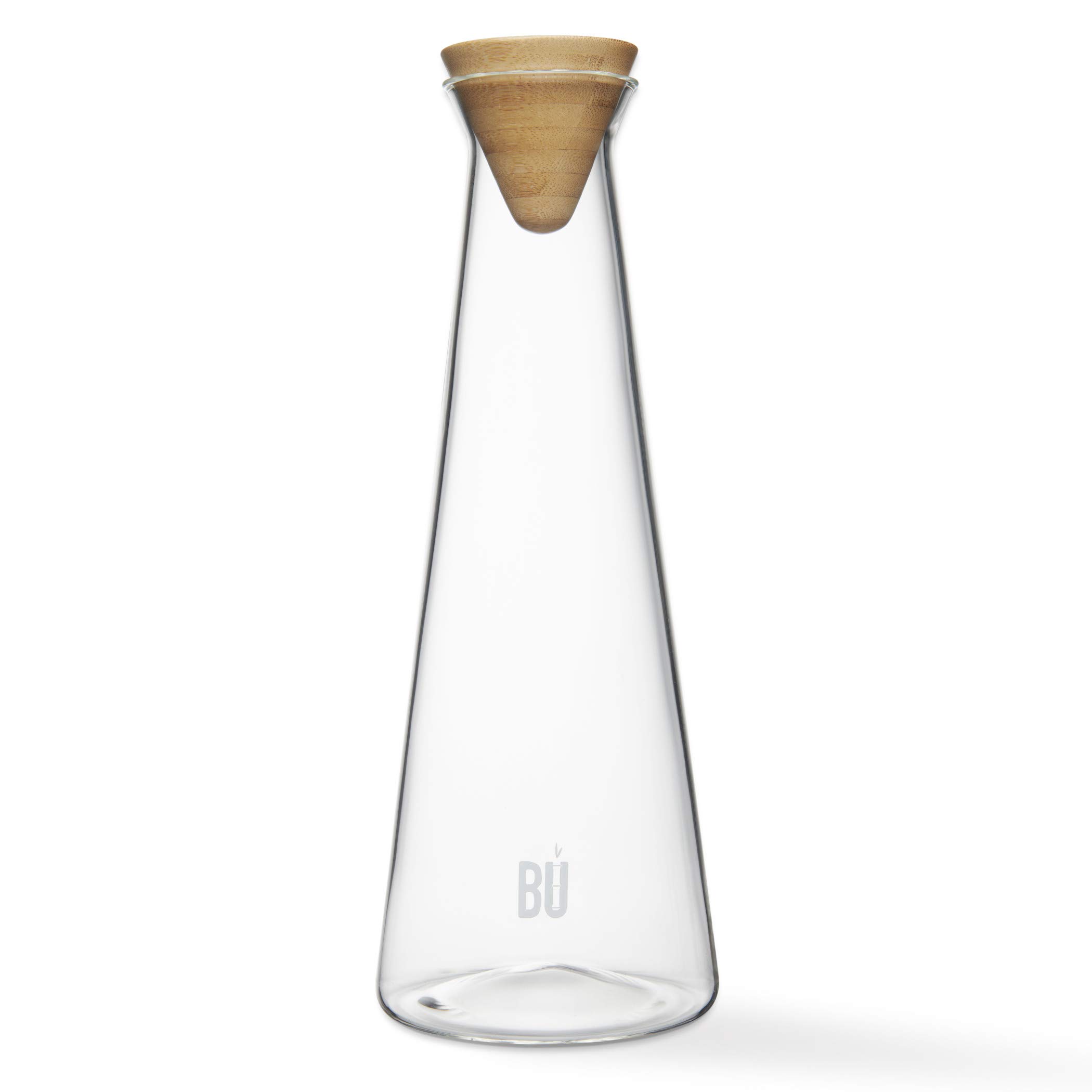 BU Products Premium Hand Blown Glass Carafe with Wooden Lid – 1.2L Minimalist Water Jug & Wine Decanter, Bamboo Stopper, Elegant Pitcher for Iced Tea, Water, Wine | Unique Luxury Gift | 10.5x28.5cm