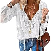 Pinclodly Lace Tops for Women Long Sleeve Tie Front Tops V Neck Floral Lace Crochet Blouse Shirts Hollow Out Western Shirts