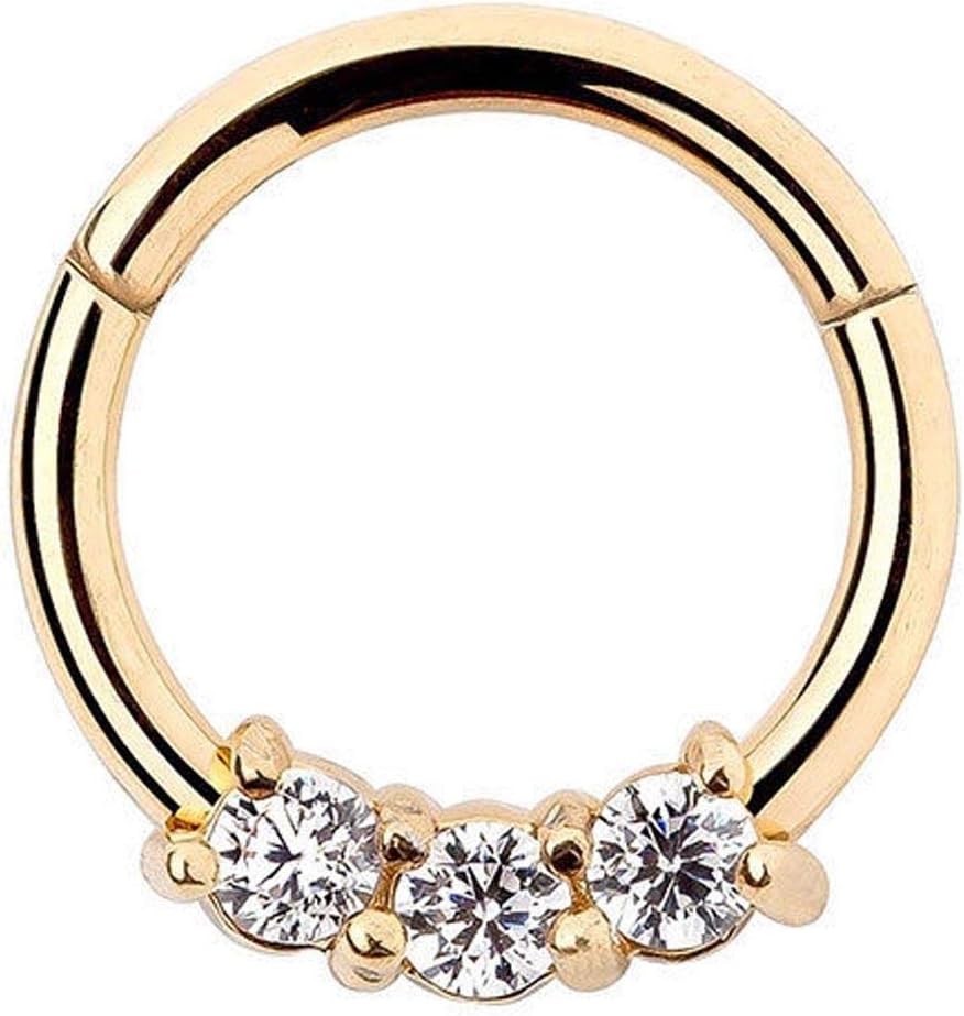 Gekko Body Jewellery Gold Plated Hinged Segment Ring Piercing Hoop with Triple CZ Gem 1.2mm