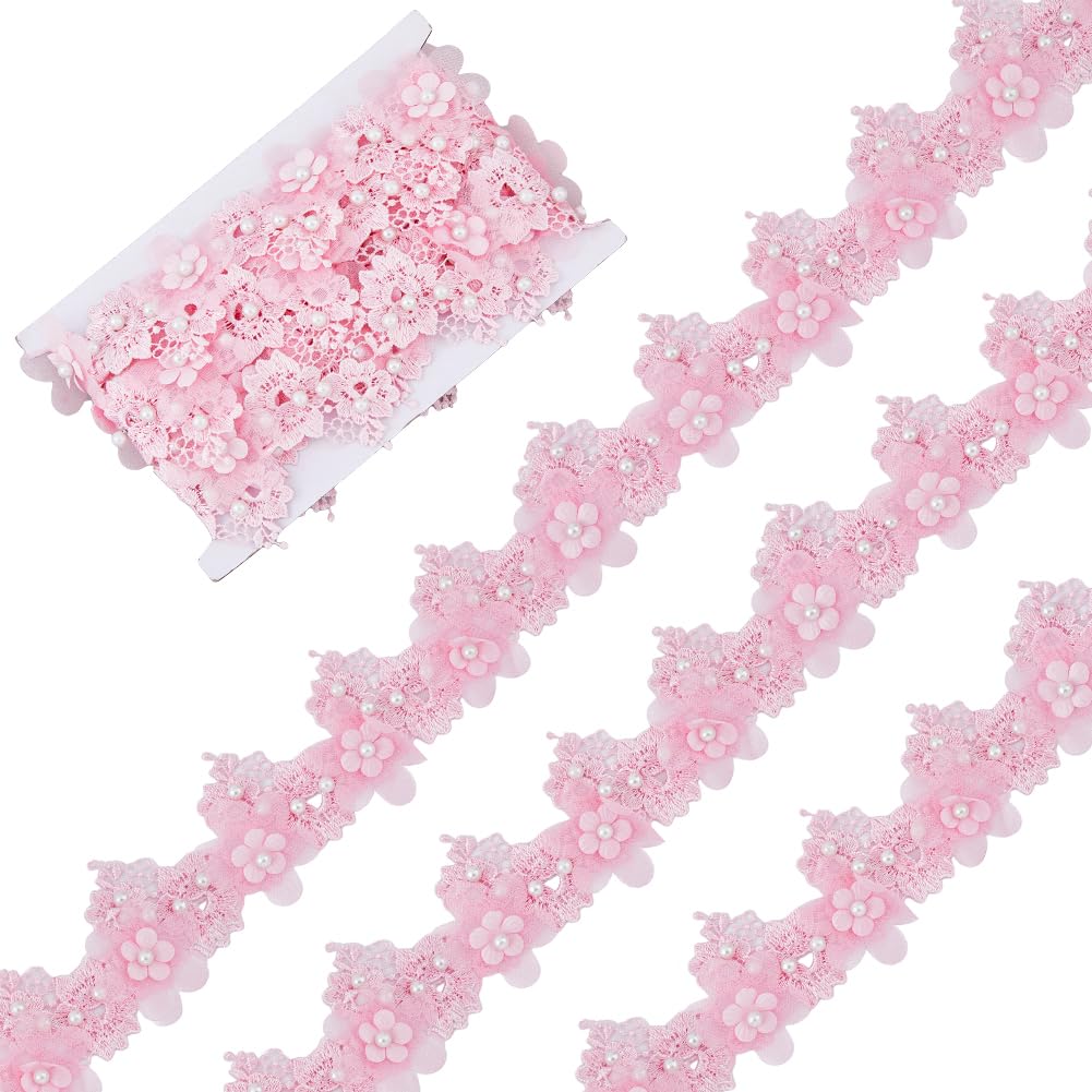 HOBBIESAY 3 Yards Polyester Embroidery Lace Ribbon Trim 58mm Wide Pink Flower Lace Ribbons Roll Imitation Pearls Gift Wrapping Ribbon Romantic Pink Wedding Applique Tape for Craft Decoration