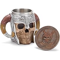 Stainless Steel Viking Skull Mug+Coasters,Double Handle Horn Skull Beer Mug Tankard, Medieval Skull Drinkware Mug for Coffee/