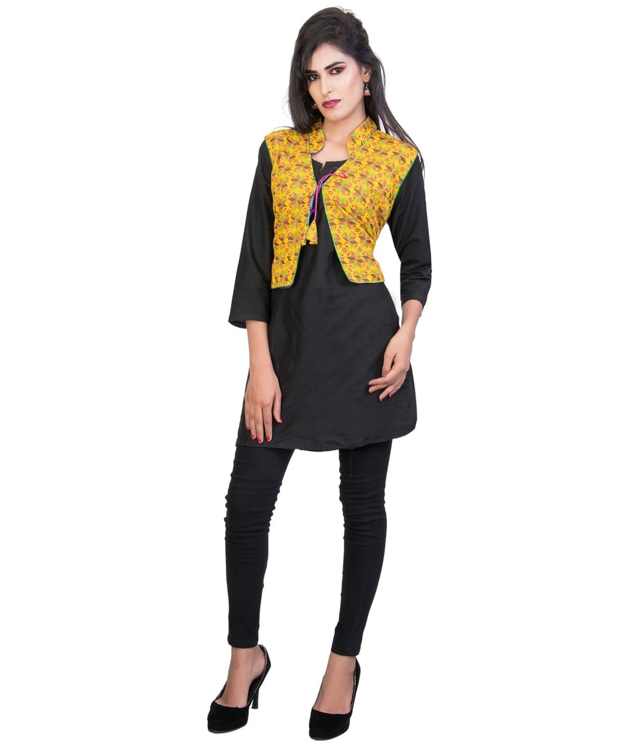 banjara women's poly cotton india kutchi printed jacket (yellow, free size)