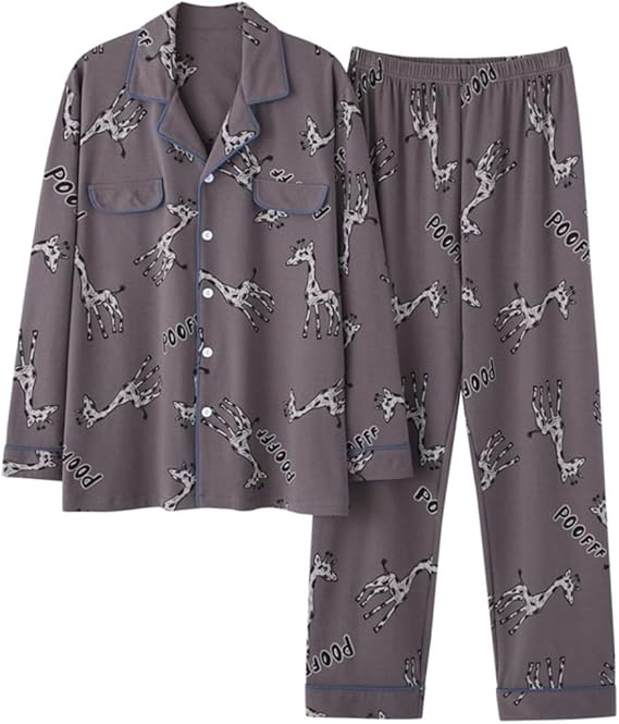 Amazon Co Jp 春秋冬 メンズ 長袖 パジャマ 夏 綿100 薄手 ルームウェア 男性用 紳士 上下セット 2点セット 前開き 襟付き 長ズボン ポケット付き コットン 肌に優しい 柔らかい 快適 ワイド 大きいサイズ グレー キリン柄 カジュアル お出掛け 部屋着 寝巻き 服