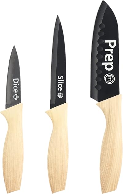 MasterChef 3 Piece Knife Set Chef Paring Utility Wood Look Handles