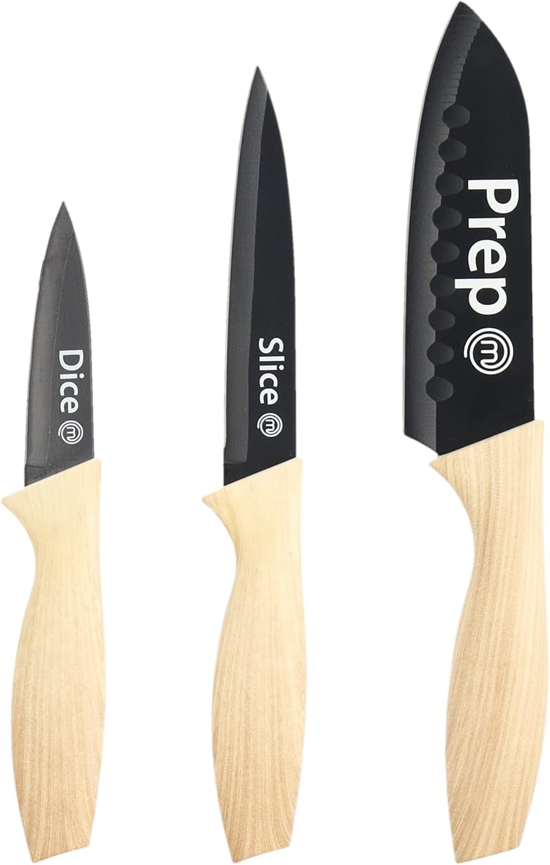 MasterChef 3 Piece Knife Set Chef Paring Utility Wood Look Handles