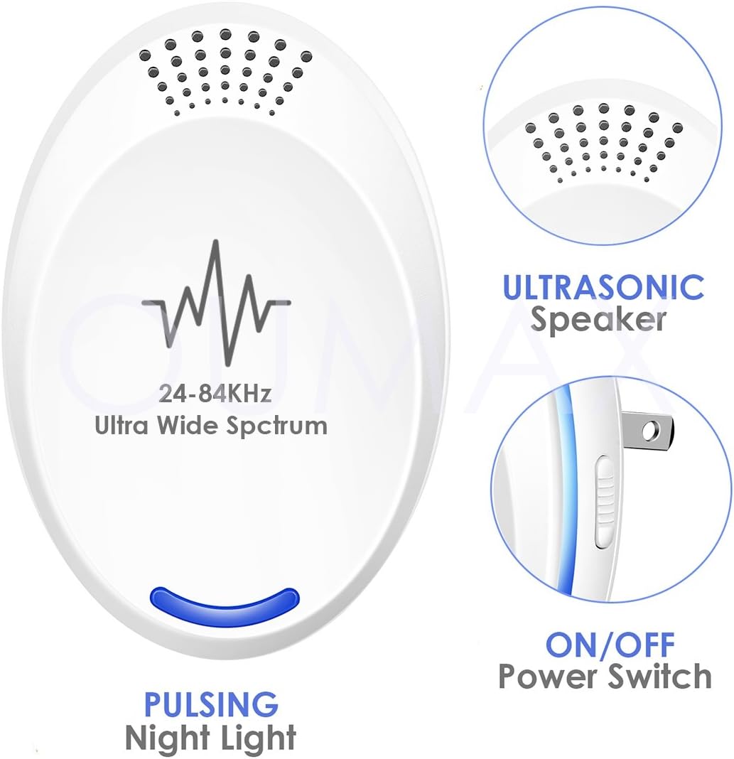 OUMAX Ultrasonic Pest Repeller, 4-Pack, RP04 Ultra Wide Frequency Range 24-84Khz Electronic and Ultrasound pest Repeller for Indoor and Outdoor use – White