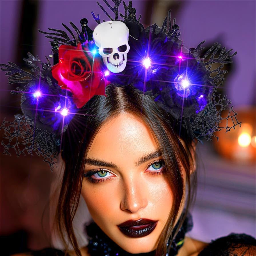 Fashband Halloween Headband Light up Flower Headbands Skull Hair Band Day of the Dead Hair Accessories for Women