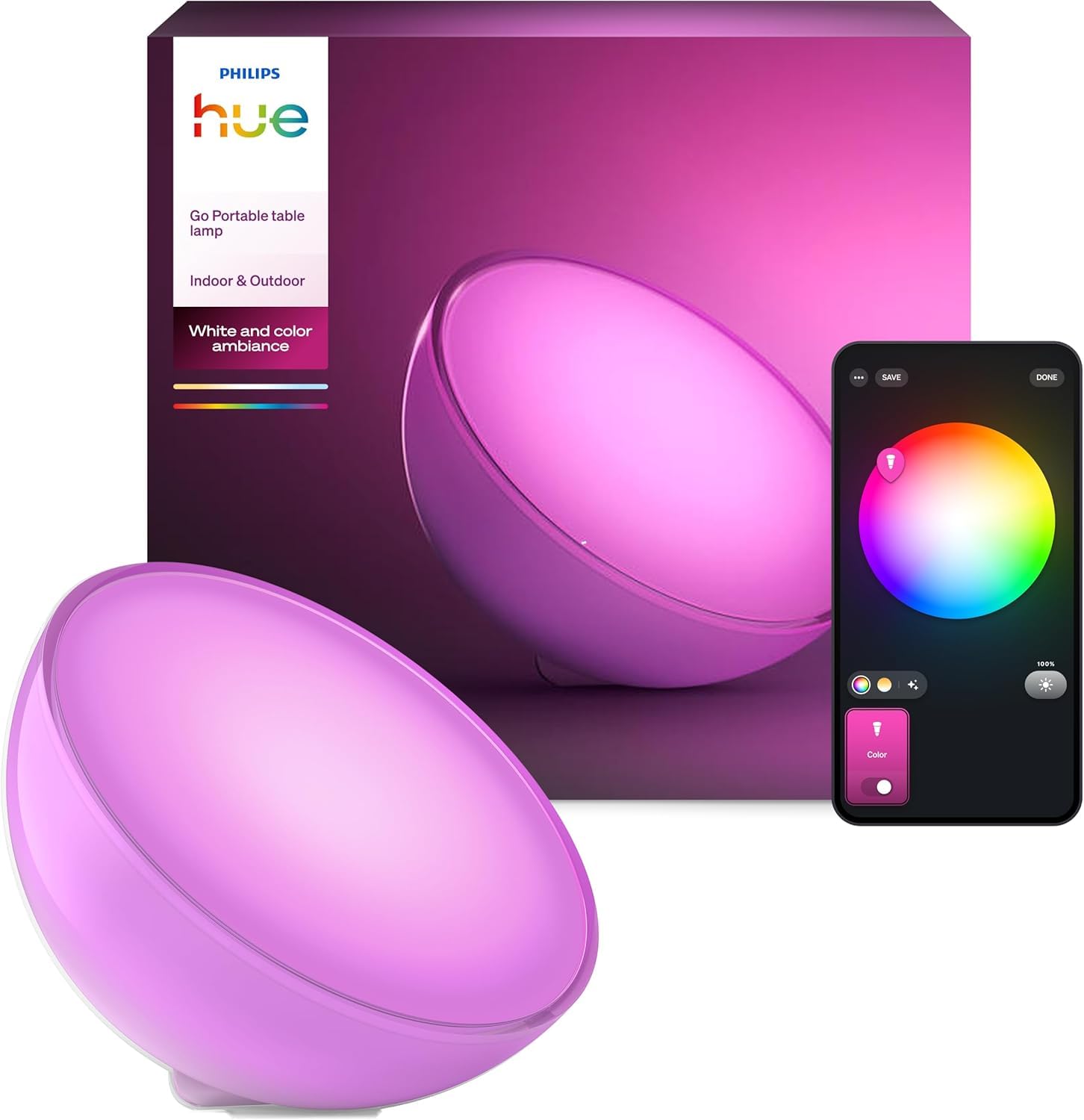 Philips Hue White & Color Ambiance Go Tischleuchte (530 lm), dimmbare LED Leuchte für das Hue Lichtsystem mit 16 Mio. Farben, smarte Lichtsteuerung über Sprache oder App, weiß