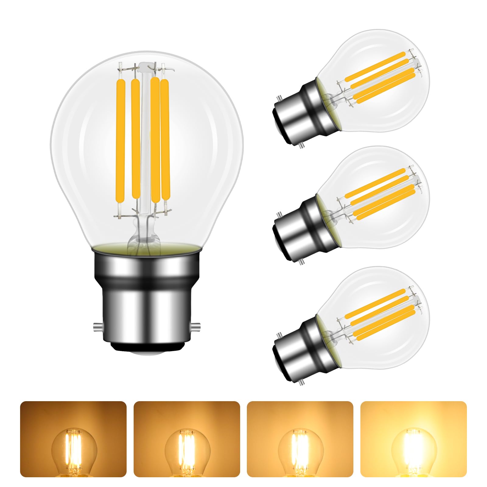 4 Pack 4W B22 LED G45 Filament Golf Ball Bulb Dimmable, Warm White 2700K, 40W Equivalent, Bayonet Cap, 400lm, B22 LED Glass Globe Bulb, Transparent, Energy Saving Light, for Chandelier, Desk Lamp