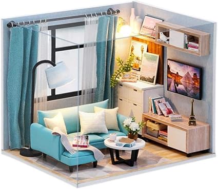 VIPECO Durable DIY Wooden Model Mini Dollhouse Kit Assemble Toy (w/Dust Cover Lake Blue) Material: Wood, Cloth, Metal