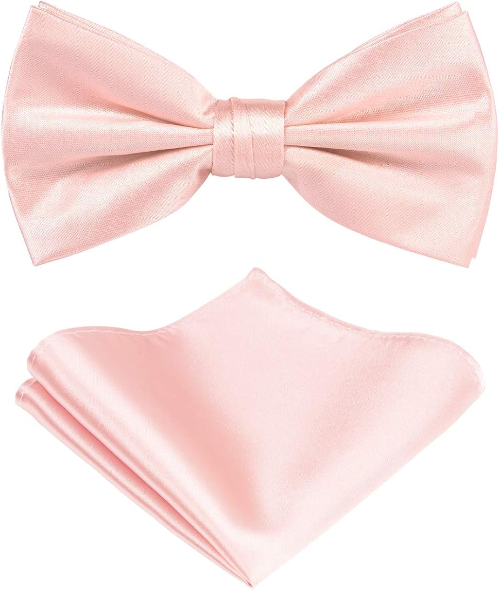 TIE G Solid Color Pre-tied Bow Tie and Pocket Square Sets in Gift Box (Blush): Clothing