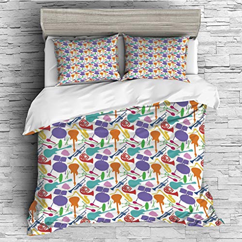 3 Pieces (1 Duvet Cover 2 Pillow Shams)/All Seasons/Home Comforter Bedding Sets Duvet Cover Sets for Adult Kids/Queen/Music,Colorful Instruments Bass Guitar Rock Microphone Trumpet Saxophone Jazz Part
