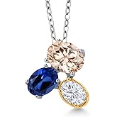 925 Silver and 10K Yellow Gold Peach Morganite Blue Created Sapphire and White Moissanite Pendant Necklace For Women (2.50 Cttw, Oval 8X6MM, 7X5MM and 6X4MM, October Birthstone, with 18 Inch Chain)
