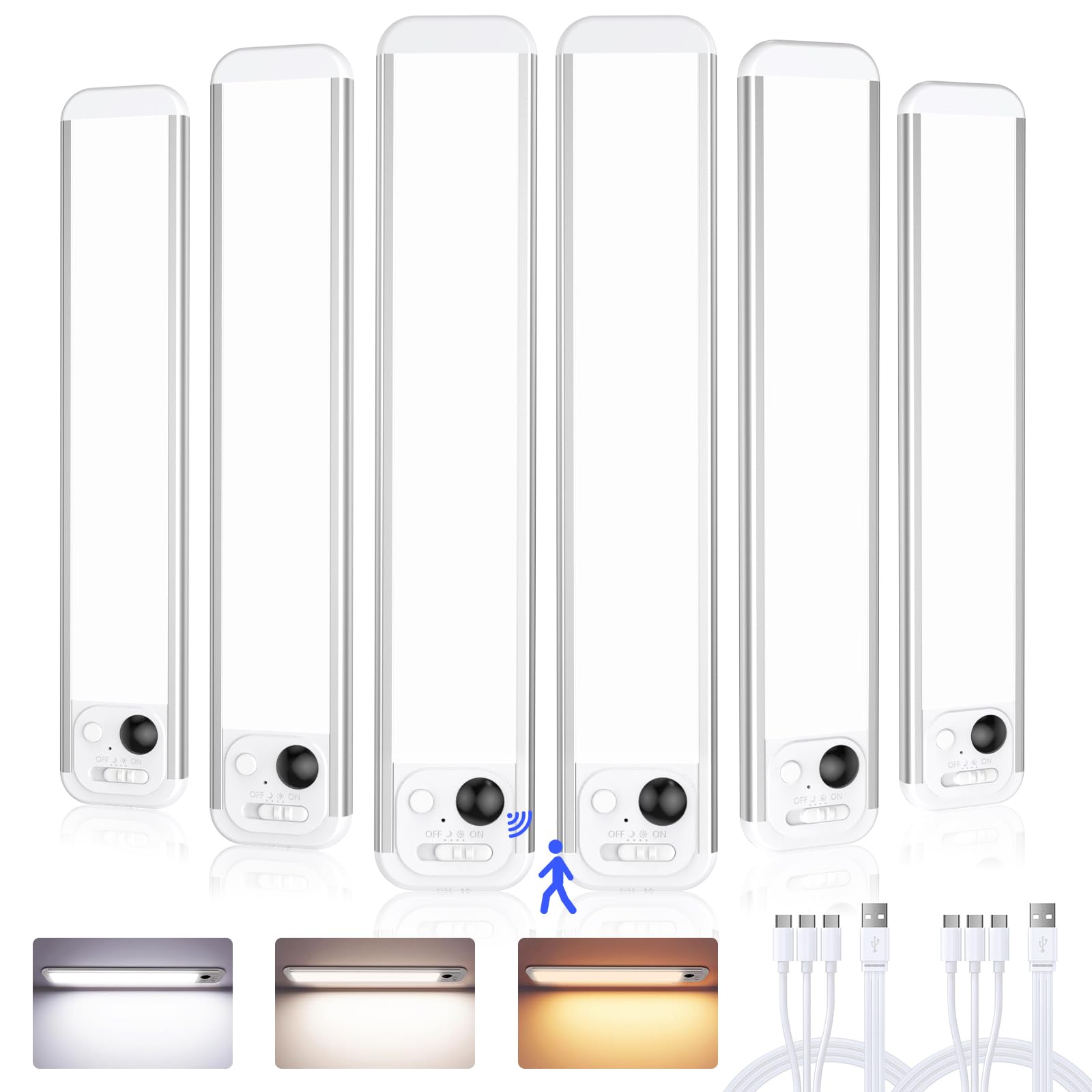 RUIKORING Under Cabinet Lighting, 3 Colors, Motion Sensor Light Indoor, LED Rechargeable Closet Lights Battery Operated, Dimmable Night, Stick-On Magnetic Cabinet Lights for Kitchen Stairs Hallway