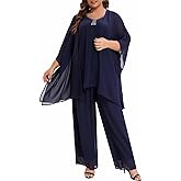 Plus Size Mother of Bride Pant Suits 3 Piece Chiffon Party Sets Handmade Sequins Wedding Guest Outfit