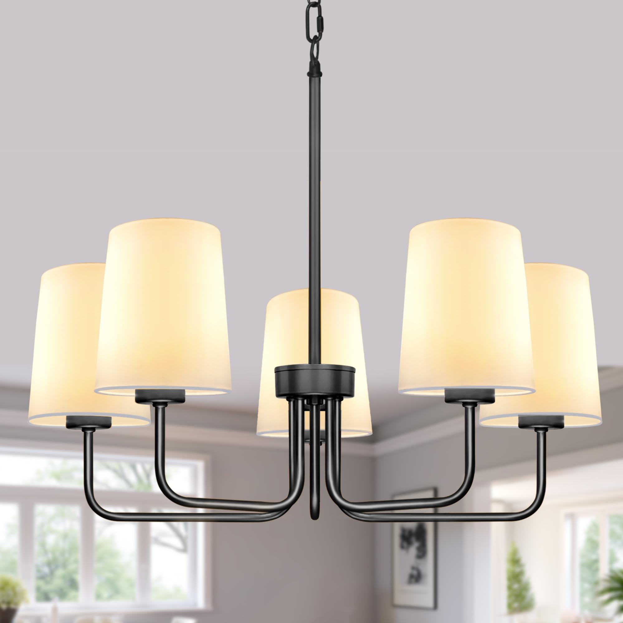 Photo 1 of Laiebri Farmhouse Chandelier, 5-Light Black Chandelier with White Fabric Shade, Height Adjustable Modern Dining Room Light Fixture with E26 Base for Bedroom Foyer Hallway Entryway Kitchen Living Room