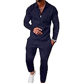 UOUA Mens 2 Piece Set Casual Outfits Polo Long Sleeve Shirt & Pants Tracksuit Loungewear Athletic Jogger Sweatsuit