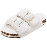 Rainlin Women's Fuzzy Slippers Comfy Cork Footbed Fluffy Slides Open Toe Indoor Outdoor House Shoes with Arch Support Beige Size 8