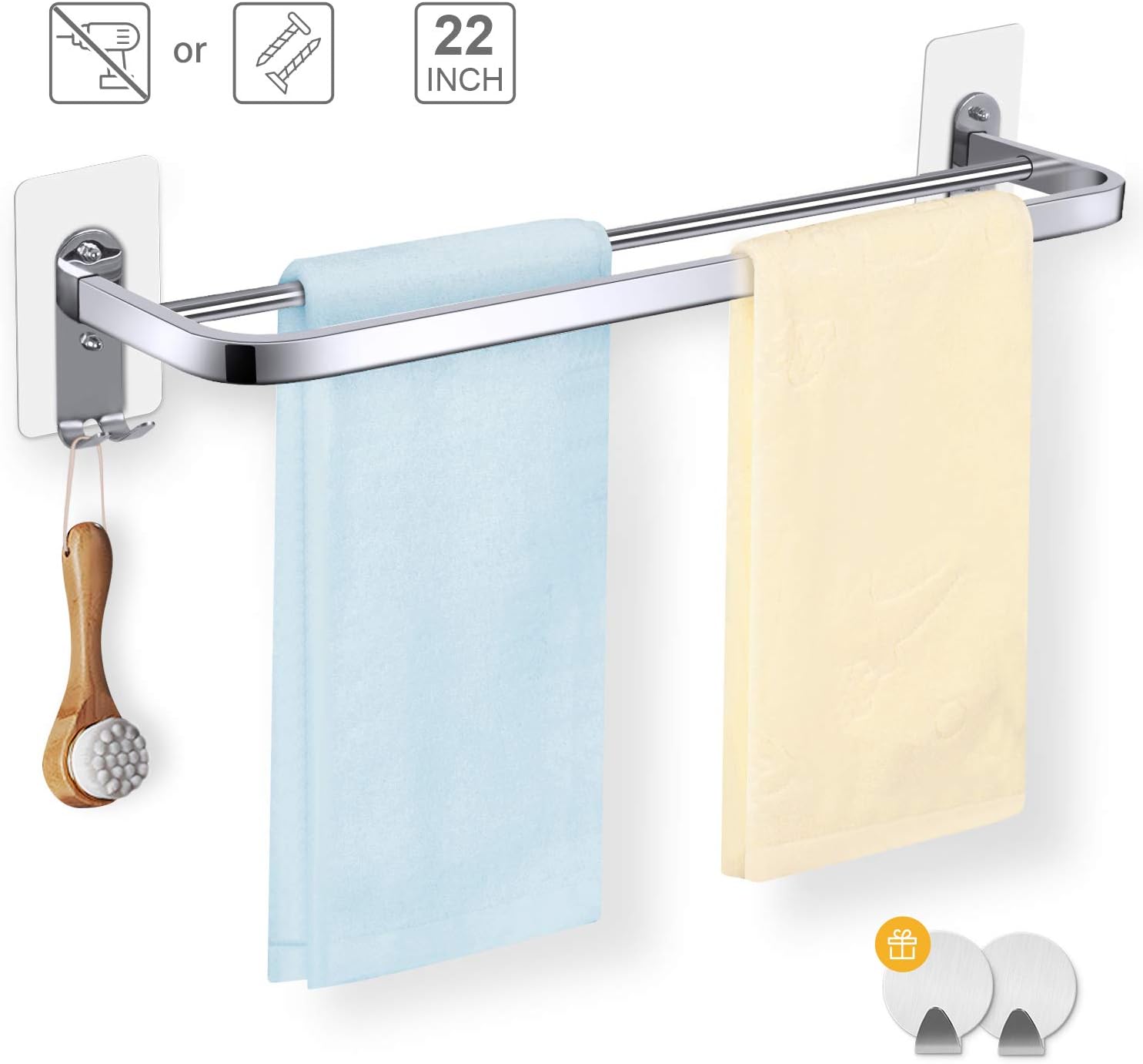 Towel Bar with Hooks, Double Rails Towel Rack 22LBS Max Self Adhesive