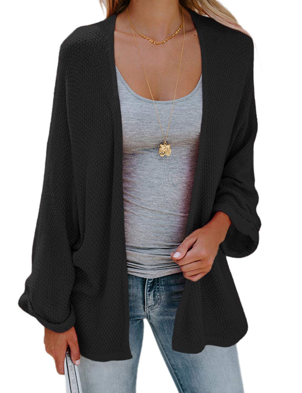 Poplover Womens Ladies Batwing Sleeve Cardigans Loose Open Front Knit Tops Sweater Black X-Large