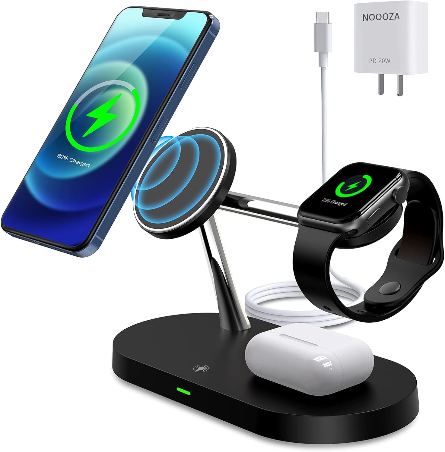 NOOOZA 3 in 1 Magnetic Wireless Charger Fast Charging Station Dock with 20 W QC3.0 Adapter Compatible with iPhone 12/12 Pro Max/Mini/AirPods Pro/AirPods 2 Magsafe Case iwatch Series, Black: Electronics