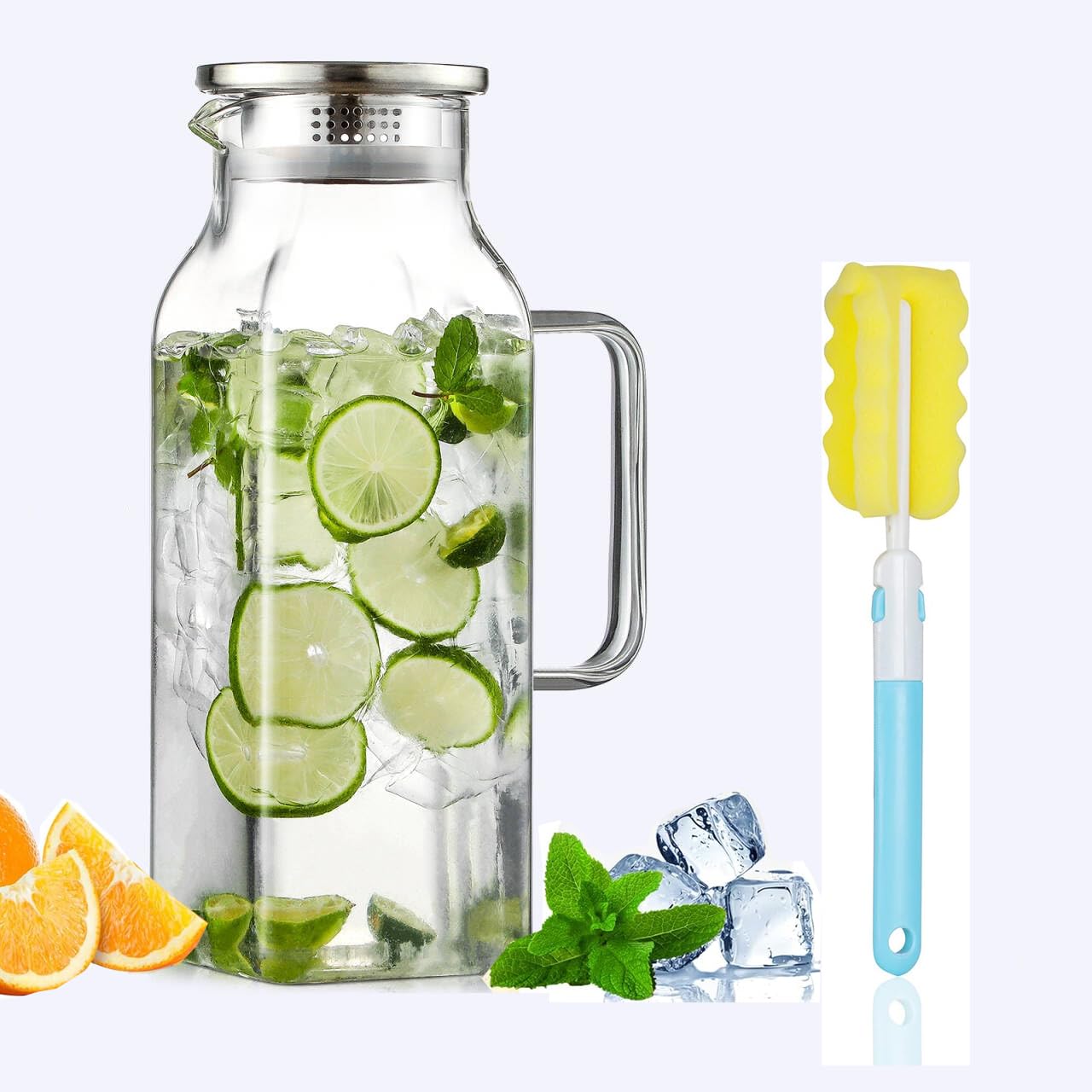 Photo 1 of 2 Quart (2 Liter 68 oz) Square Glass Pitcher,Water Pitcher with Lid and Handle, Borosilicate Glass Carafe for Hot/Cold Water, Iced Coffee, Juice, Tea, Milk and Homemade Beverage?Including brushes?