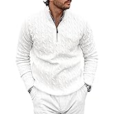 Runcati Mens Quarter-Zip Pullover Sweater Cable Knitted Stand Collar Winter Casual Warm Twisted Knitwear Sweaters