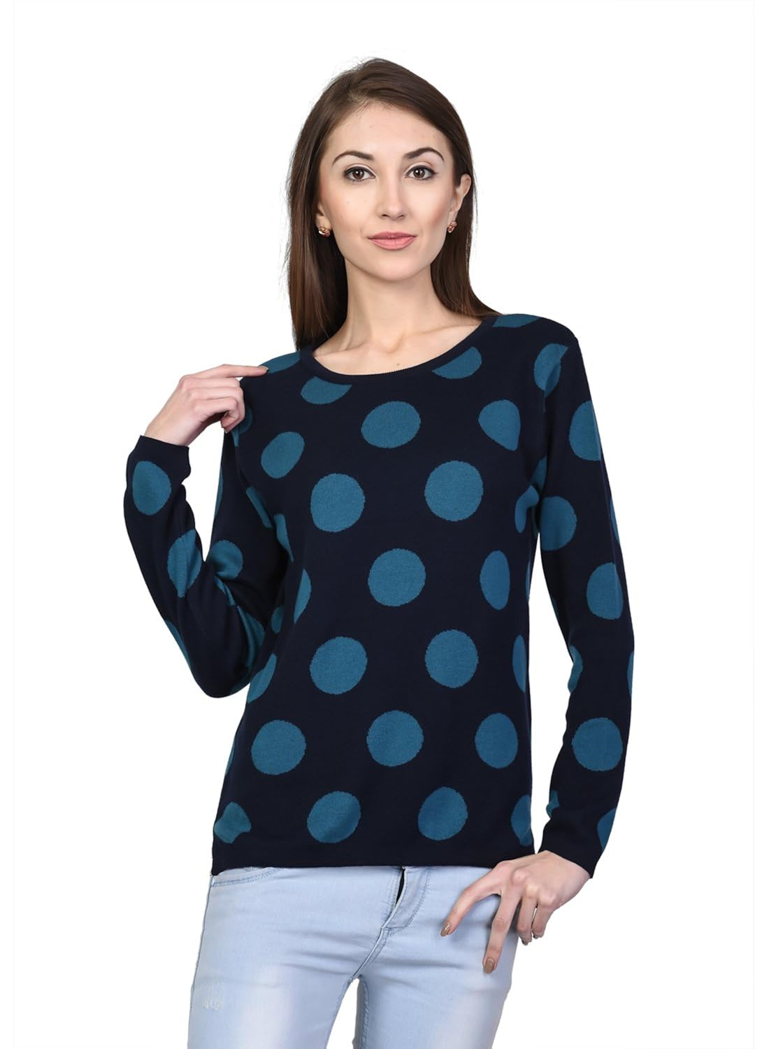 kalt women's round neck full sleeve polka cotton blend jacquard sweater (multicolour, small)