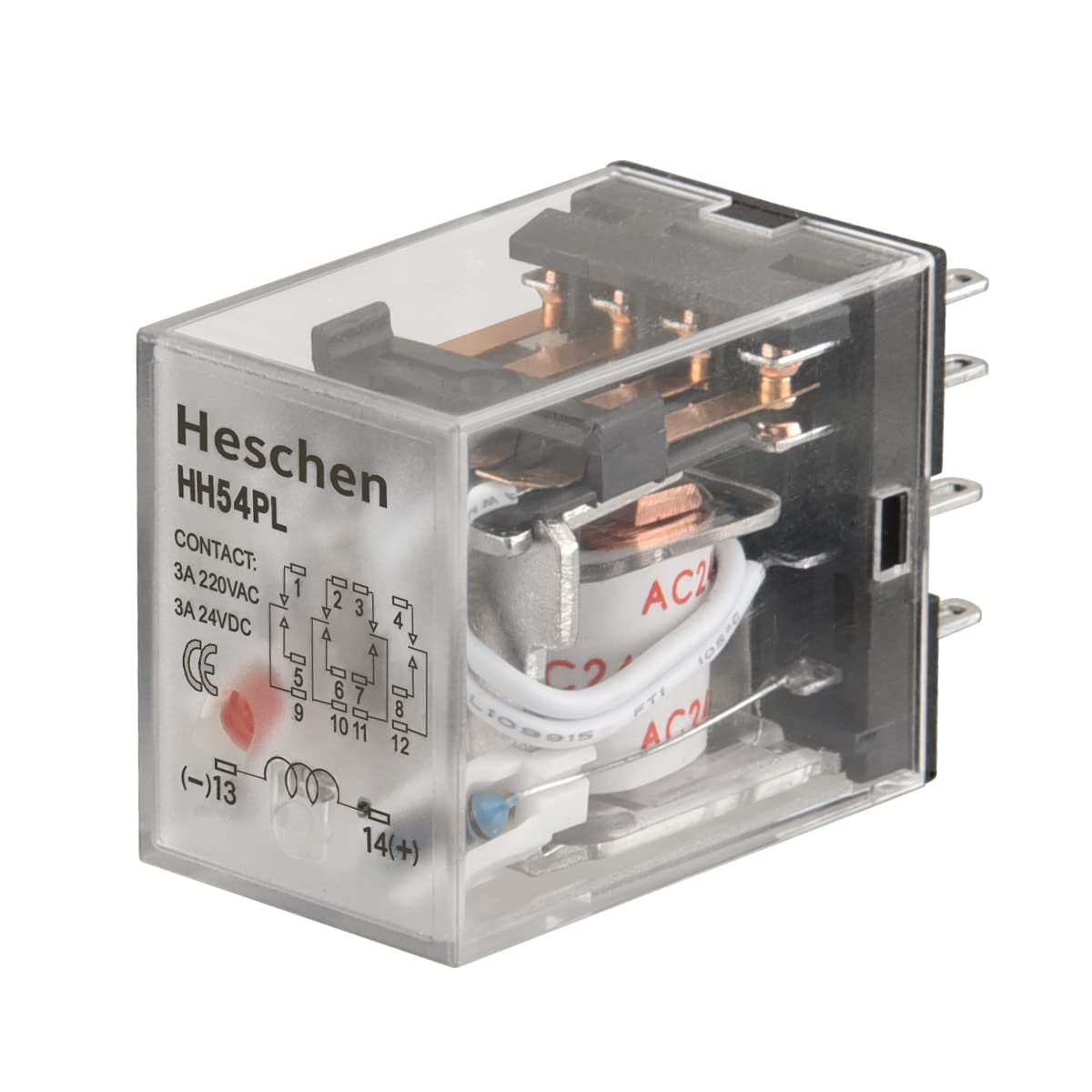 Heschen Gereral Purpose Power Relay HH54P-L 24VAC Coil 3A 220VAC/24VDC 4PDT 14 Pin Terminals LED Indicator
