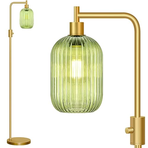 【Upgraded】 Dimmable Glass Floor Lamp for Living Room, Modern Gold Standing Lamp with Green Ribbed Glass Lampshade & Knob Dimmer, Arc Tall Lamp for Bedroom Office Reading Room, 2700K Led Bulb Included