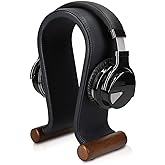 Navaris Omega Headphone Stand - Synthetic Leather Headset Hanger with Wood Base - Holder for Wired, Wireless, Gaming, DJ, Studio Headphones - Black