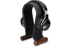Navaris Omega Headphone Stand - Synthetic Leather Headset Hanger with Wood Base - Holder for Wired, Wireless, Gaming, DJ, Stu