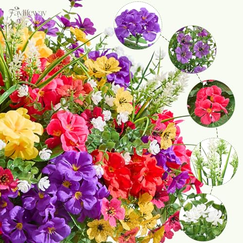 Faylifeway 16 Bundles Artificial Flowers for Outdoors, UV Resistant Fake Outdoor Flowers, Silk Faux Flowers for Outside Planters,Garden,Porch,Yard,Home Decor(Mixed Color)