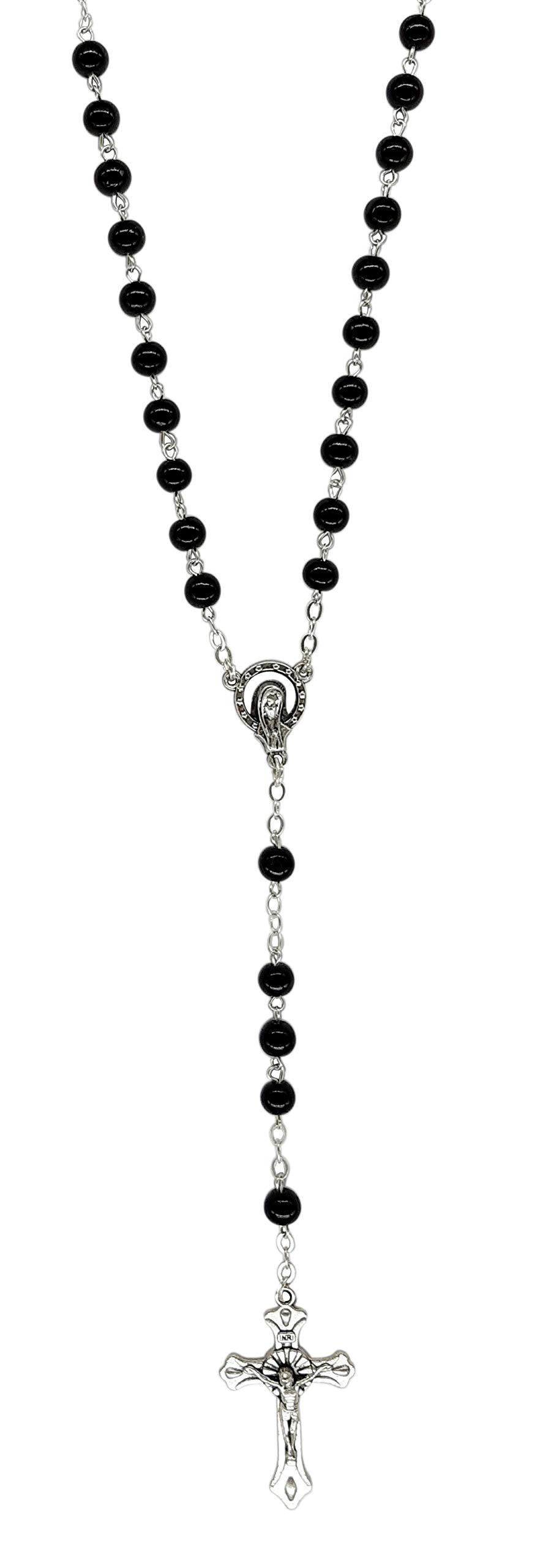 Eurofusioni Catholic Rosary beads Prayer men and women - Black glass bead necklace and silver plated crossnd silver plated cross