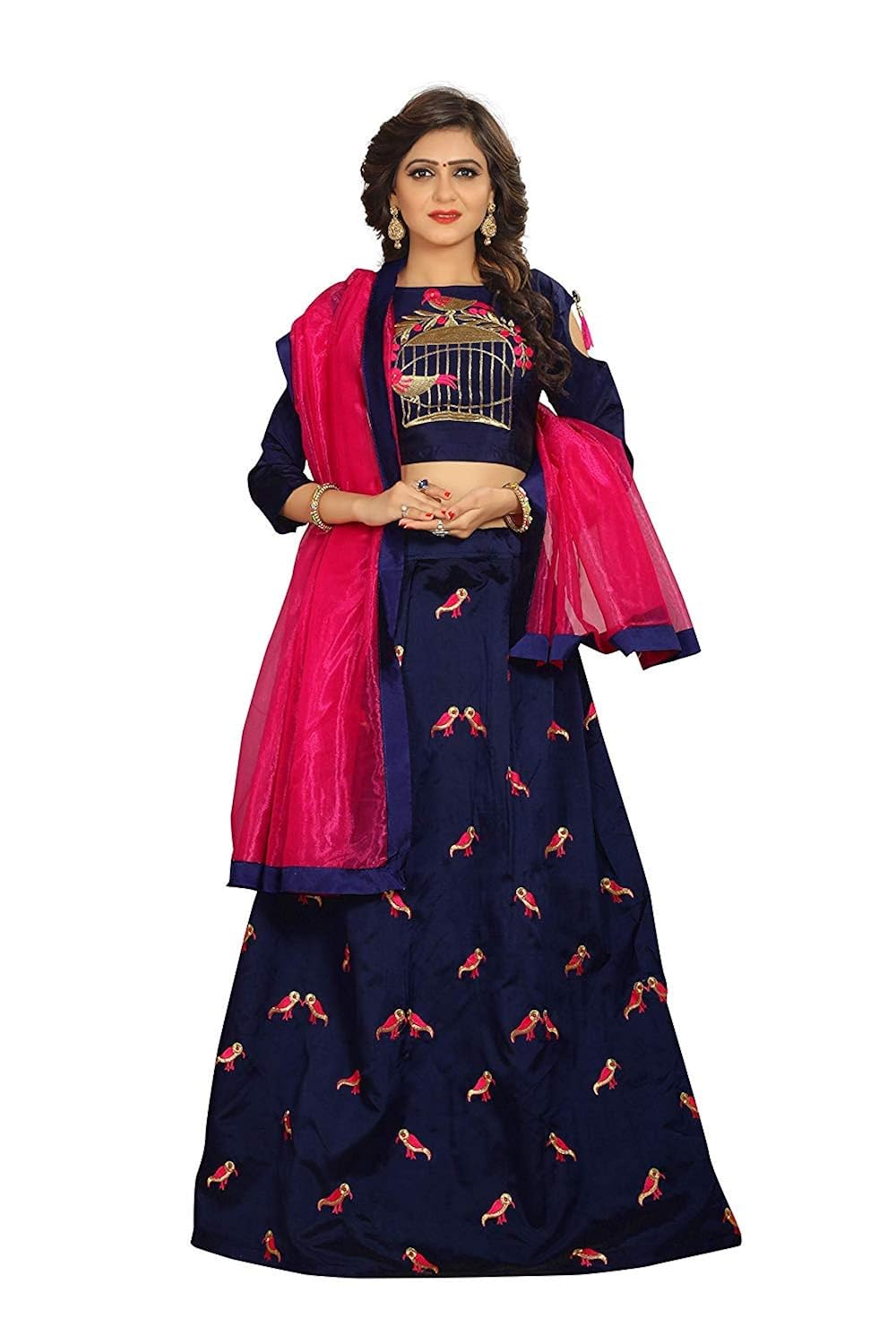dharam fab women's tafetta silk lehenga choli (panchi, navy blue, free size)