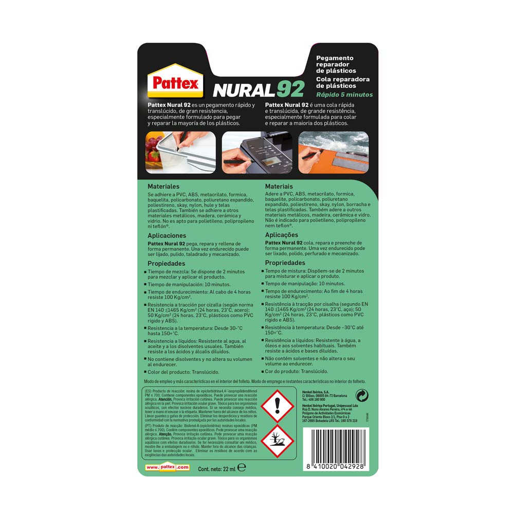Pattex Nural 92 Pegamento reparador de plásticos, cola ...